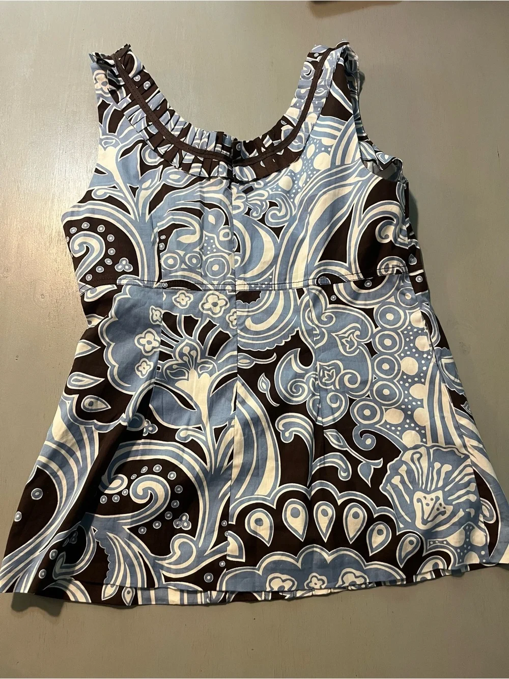 Tory Burch Blue & Brown Paisley Sleeveless Cotton Blouse - Size 8